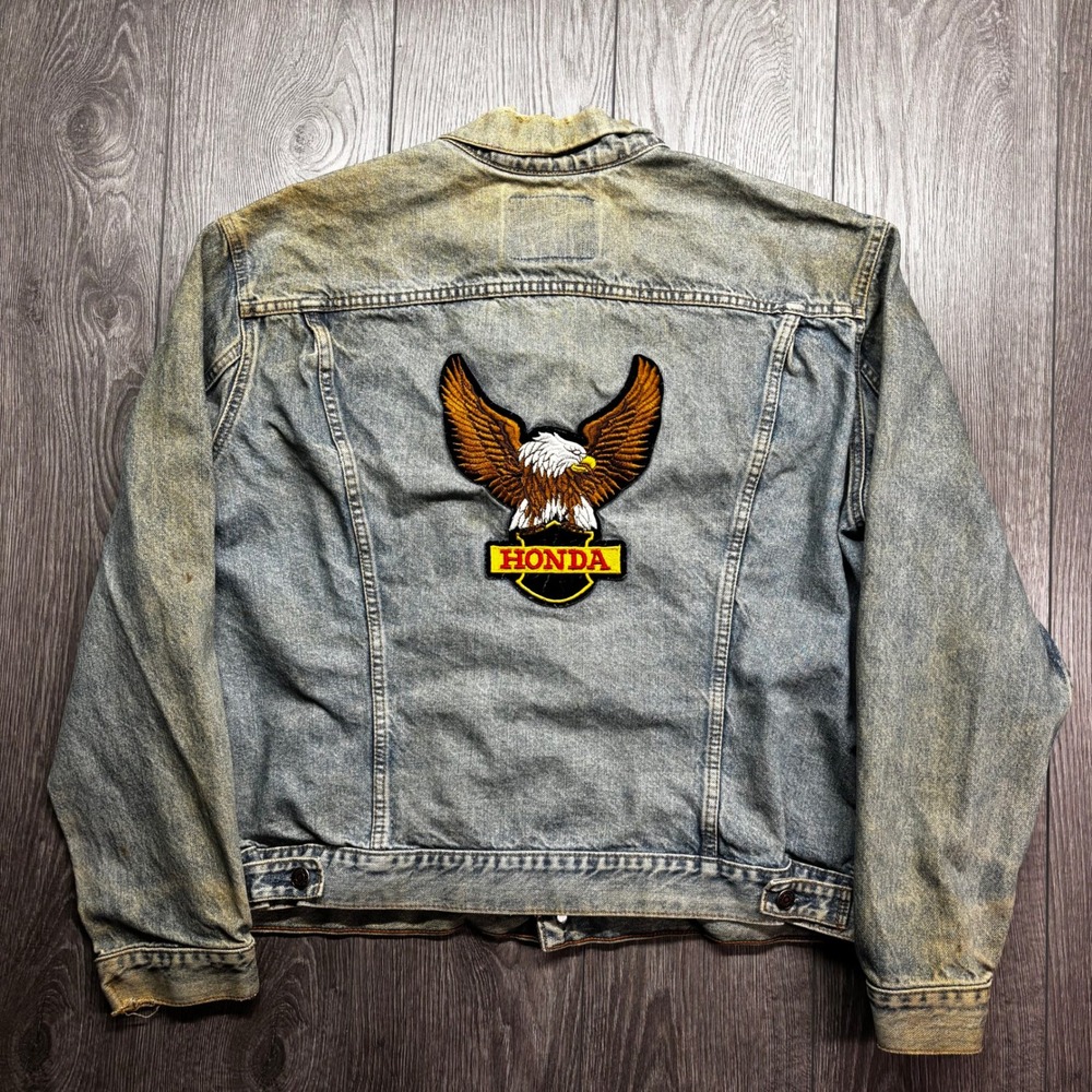 Vintage Levis Honda Eagle Patch Denim Trucker Jacket Mens Large Distressed Blue